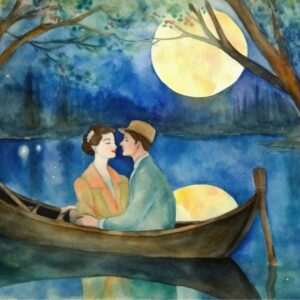 Watercolor Couple Boat Lake