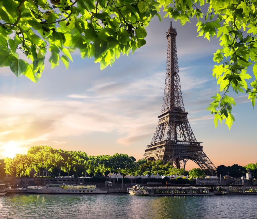 Sunset Paris with View Eiffel Tower River Seine France